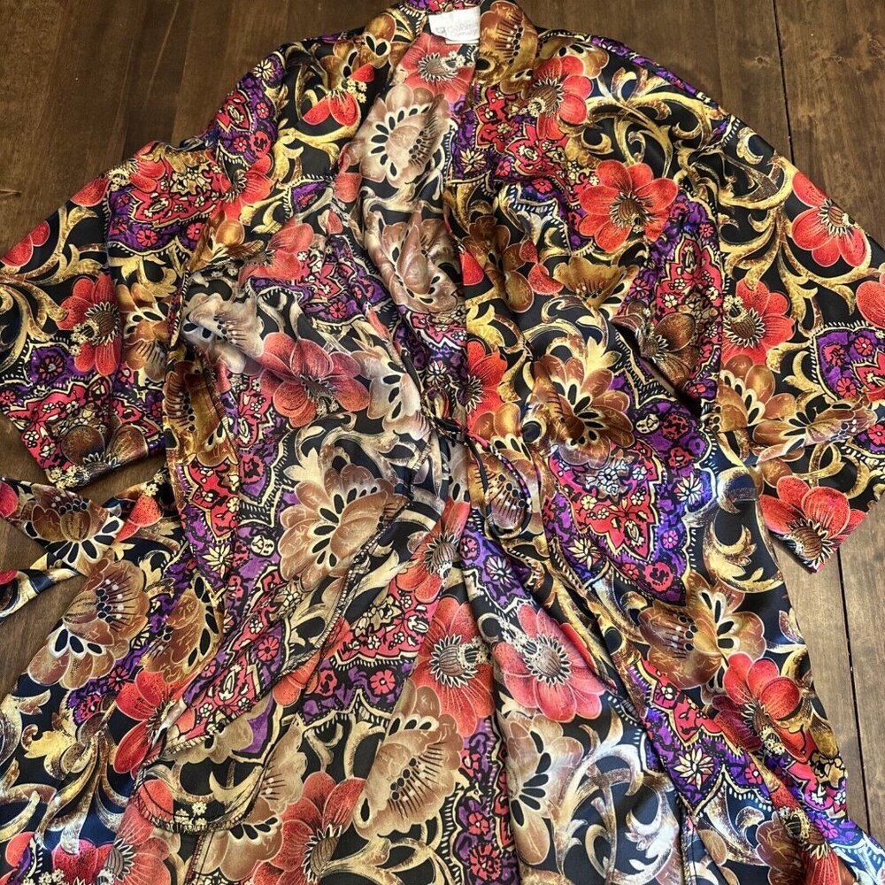 Vintage California Dynasty Robe Sleepwear Old Money Floral Gold Small Womens Red - Picture 6 of 9